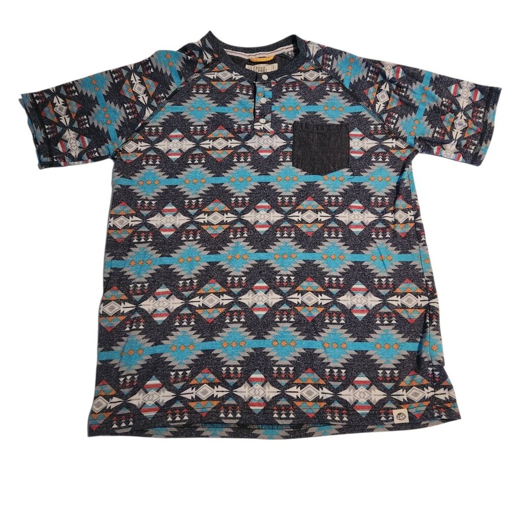 Free Planet T-Shirt Short Sleeve Henley Aztec Southwest Pocket Medium EUC